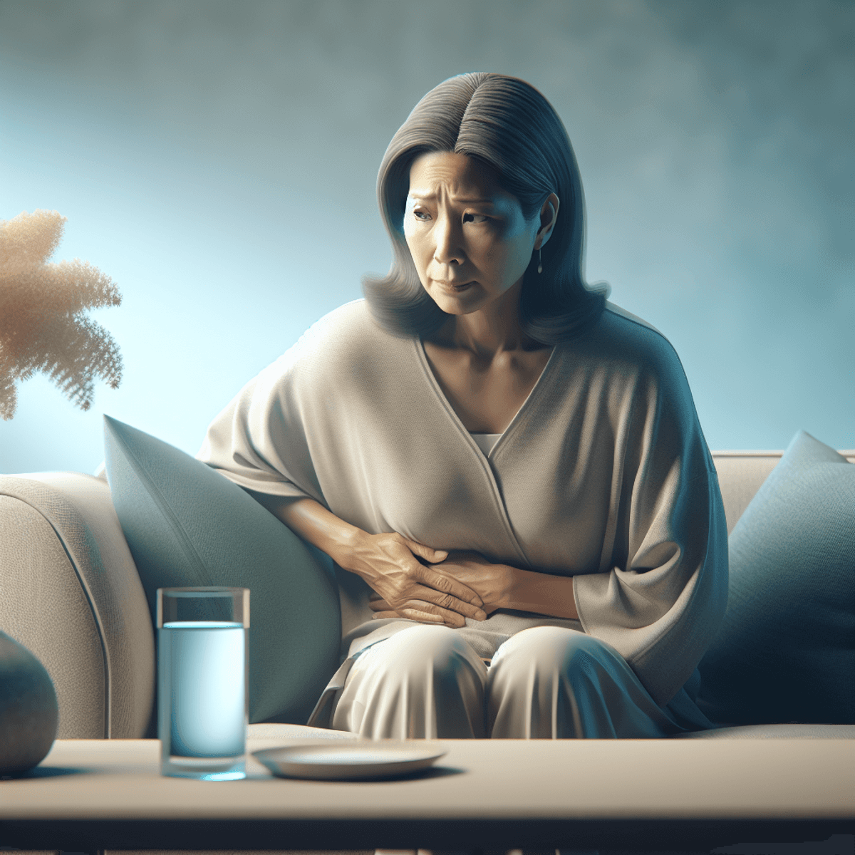 DAD RINOCAL Powder Curing Stones 3 A middle-aged Asian woman sitting on a comfortable couch, looking concerned with one hand resting on her abdomen. A glass of clear water is placed on a small table next to her. The background features soft, serene lighting in powder blue and soothing earth tones, creating a tranquil atmosphere that contrasts with her mild discomfort, subtly suggesting themes of kidney and gall bladder health.