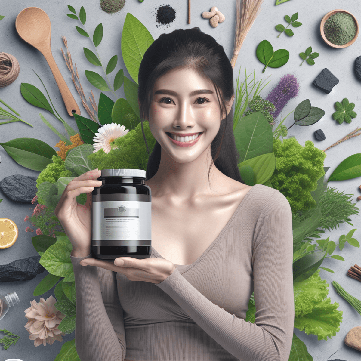 DAD RINOCAL Powder Curing Stones 7 A smiling Asian woman holding a container of health supplement powder, surrounded by an arrangement of fresh herbs, green leaves, and smooth rocks, all set in a natural outdoor environment that conveys a sense of holistic health and wellness.