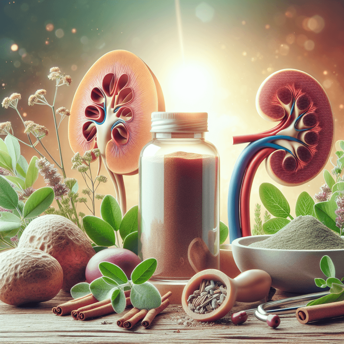 DAD RINOCAL Powder Curing Stones 4 A bottle of herbal powder sits at the center, surrounded by fresh green herbs like basil, mint, and thyme. Next to it, a detailed scientific model of a kidney stone is displayed. The background features soft, warm colors and gentle lighting that create a calming atmosphere, emphasizing themes of wellbeing and holistic health.