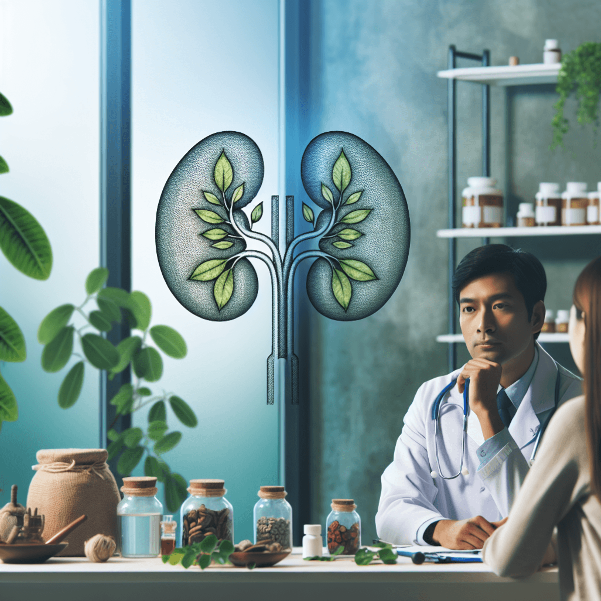 DAD RINOCAL Powder Curing Stones 6 A thoughtful South Asian Ayurvedic physician, dressed in traditional attire, engages in a consultation with a Hispanic patient in a serene clinic filled with lush green plants and jars of herbal remedies. The room is adorned with natural elements, creating a calming atmosphere. Subtle symbols like a kidney-shaped leaf and charms hint at a focus on kidney wellness and holistic health.
