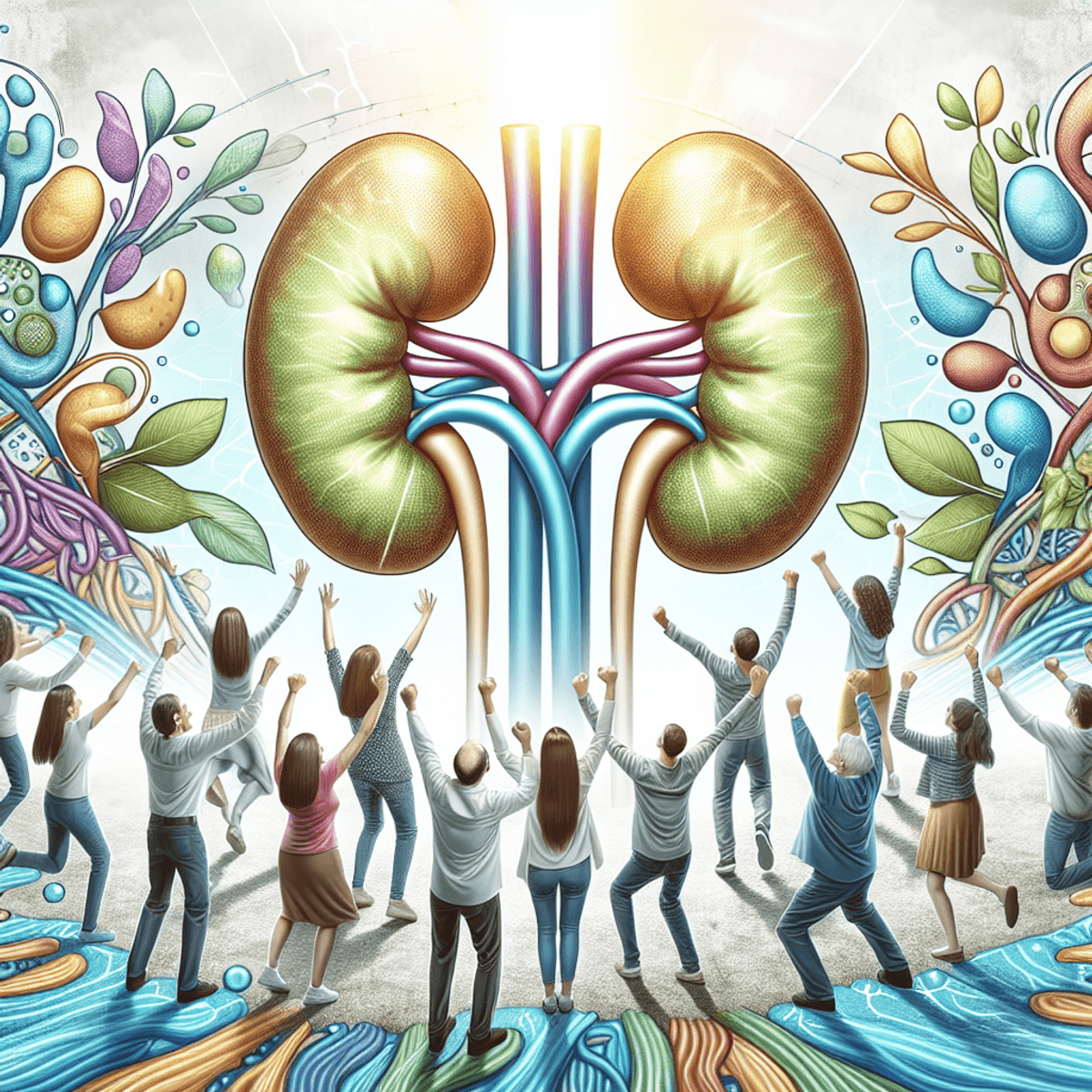 DAD RINOCAL Powder Curing Stones 5 A diverse group of joyful individuals, including Caucasian and Hispanic descent, celebrating together with smiles and raised arms, symbolizing their triumph over health challenges. The background features kidney-shaped symbols intertwined with lush green trees and flowing water, representing healing and wellbeing in a vibrant, realistic style.