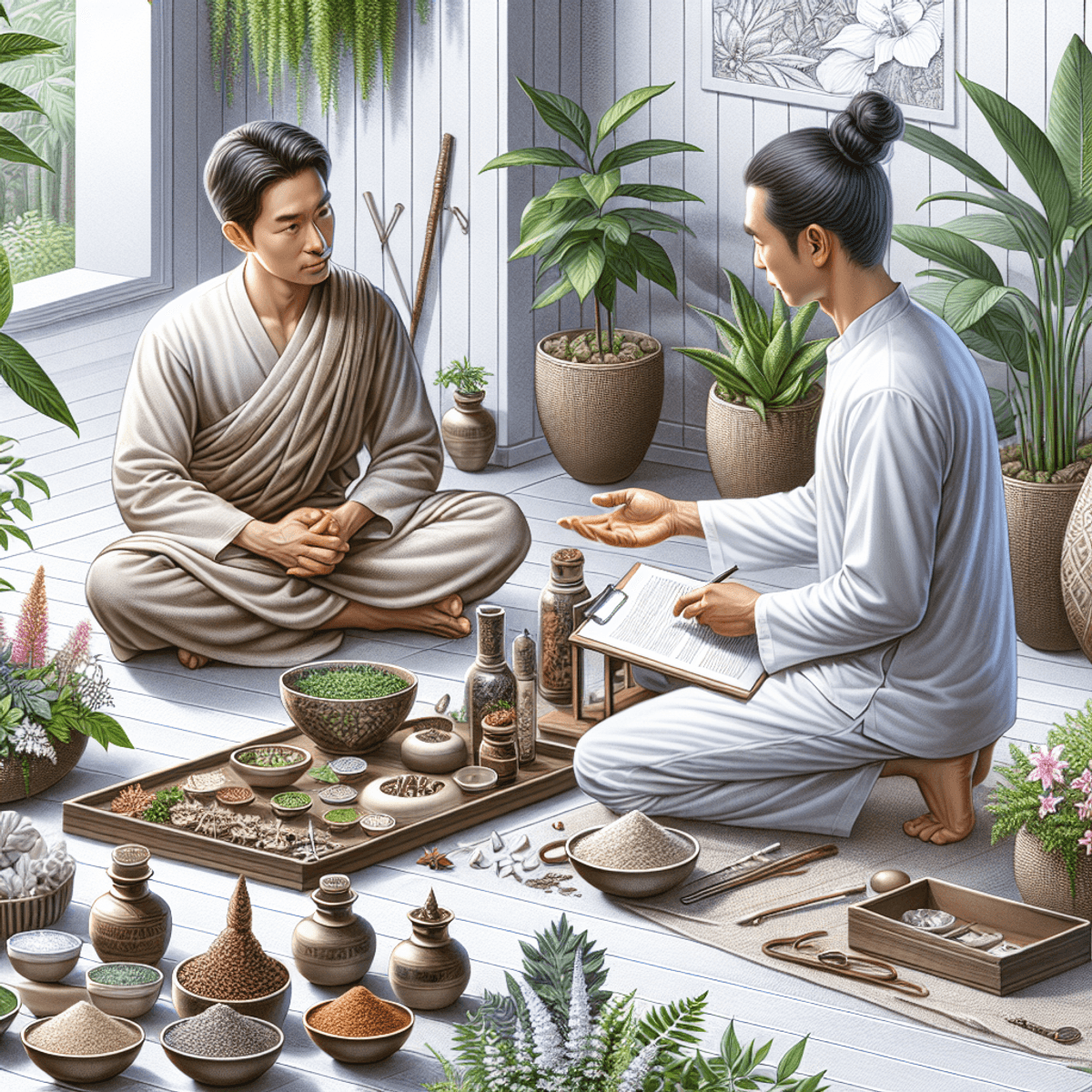 DAD RINOCAL Powder Curing Stones 8 A serene Ayurveda consultation scene featuring an Asian therapist and a Caucasian patron engaged in conversation about herbal powders. Surrounding them are lush indoor plants and traditional Ayurvedic tools, creating a calming atmosphere that emphasizes well-being and personalized health.
