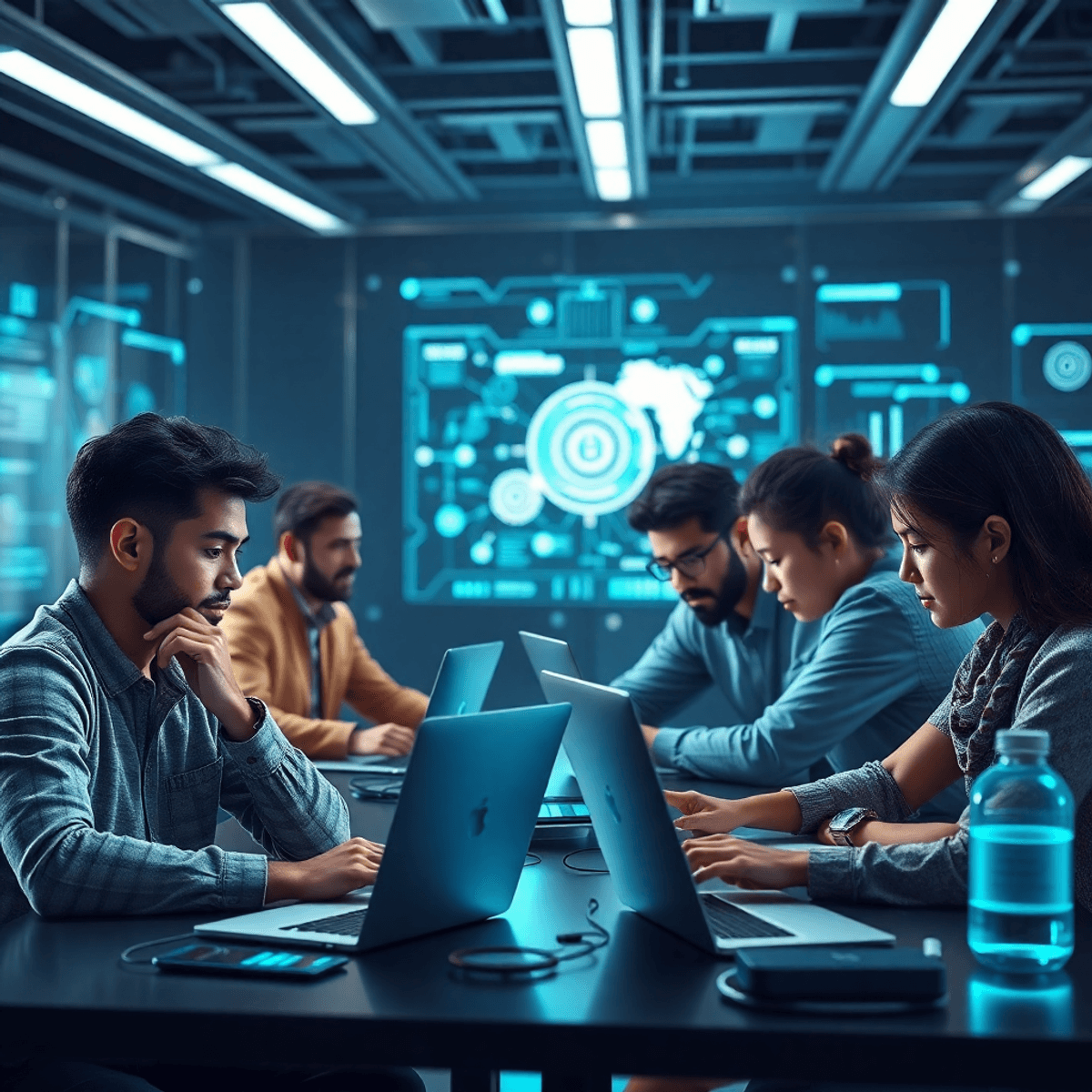 A modern digital workspace featuring freelancers collaborating on laptops, surrounded by AI tools and innovative technology, with blockchain graphics in the background.