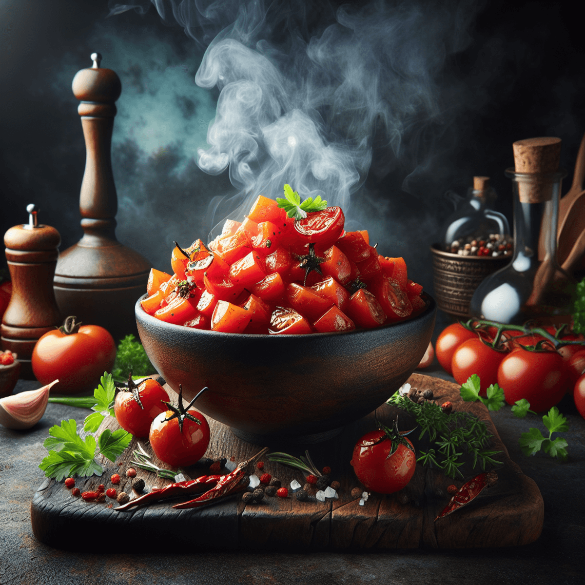 A vibrant bowl of fire-roasted diced tomatoes, showcasing their rich red color and unique texture, garnished with fresh green herbs. The smoky ambiance in the background hints at the fire-roasting process, while various cooking utensils and ingredients surround the bowl, reflecting the versatility of culinary arts.