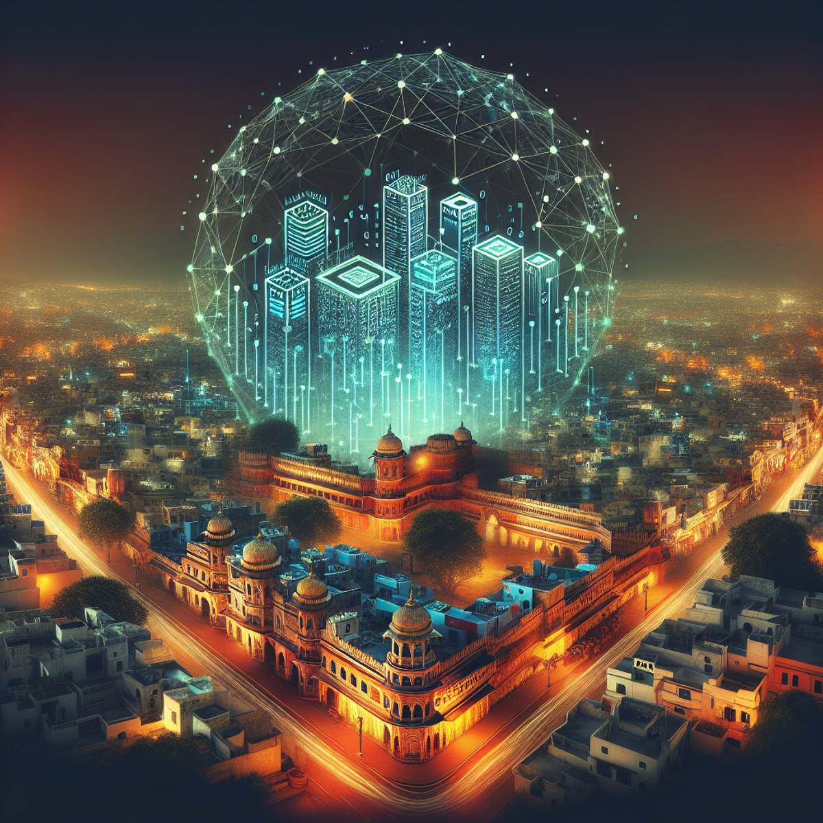 A cityscape with a web-like structure filled with tech-related symbols, representing Jaipur as a thriving tech hub.