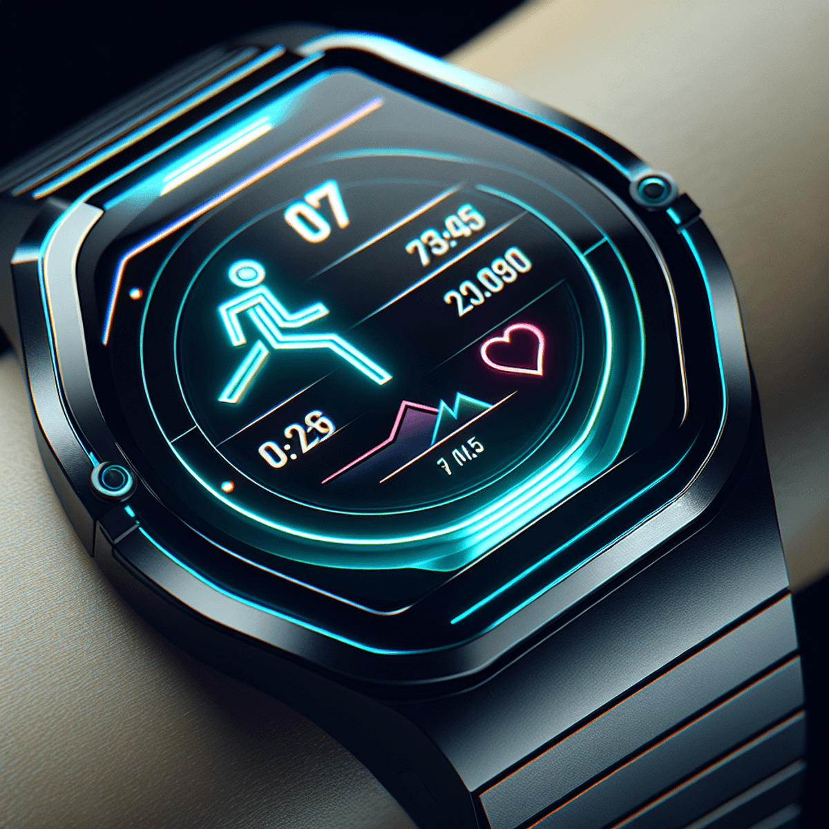 Futuristic smartwatch with glowing display and fitness tracking icons.