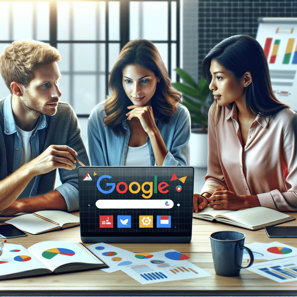 Google Advertising Tutorial: Mastering PPC for New Businesses 2 Three young professionals, a Caucasian male, a Hispanic female, and an Asian male, are collaborating around a laptop in a modern office. The laptop displays recognizable Google Ads icons and abstract patterns in Google's colors. The workspace features notepads, coffee cups, and graphical charts, emphasizing their discussion on Pay-Per-Click advertising strategies and enhancing online presence. The scene is rendered in a realistic style.