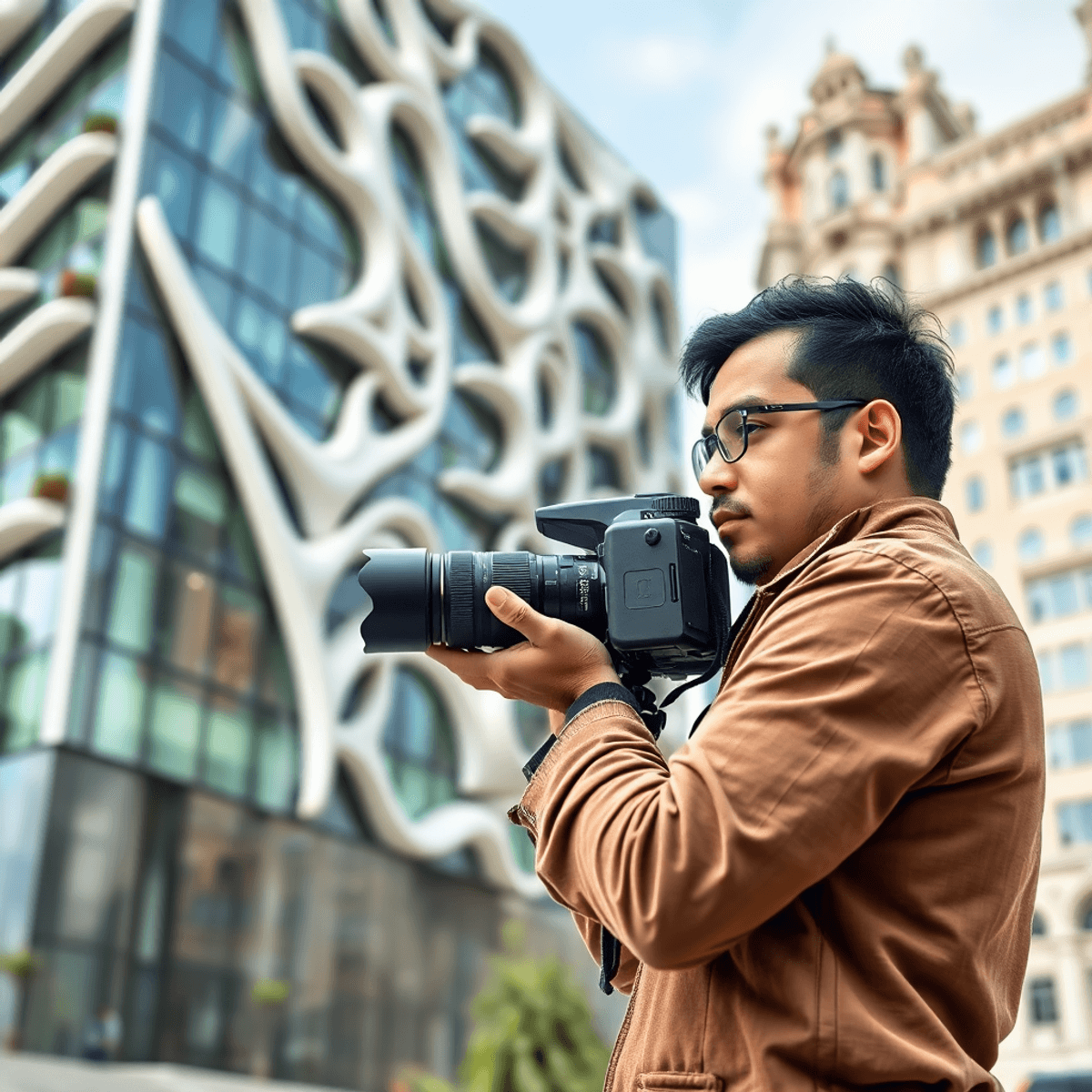 architectural photographer job 5 Secrets of Success A professional architectural photographer captures a stunning modern building, focused on their camera amidst a backdrop of unique architectural designs.