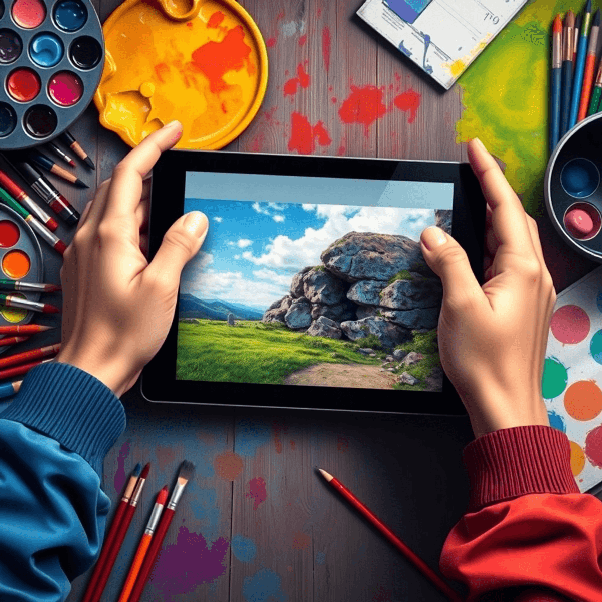 Master the Art Cropping 5 Pro Tips for Stunning Visuals A pair of hands cropping an image on a digital tablet, surrounded by colorful art supplies like paintbrushes and palettes, representing creativity and visual storytelling.