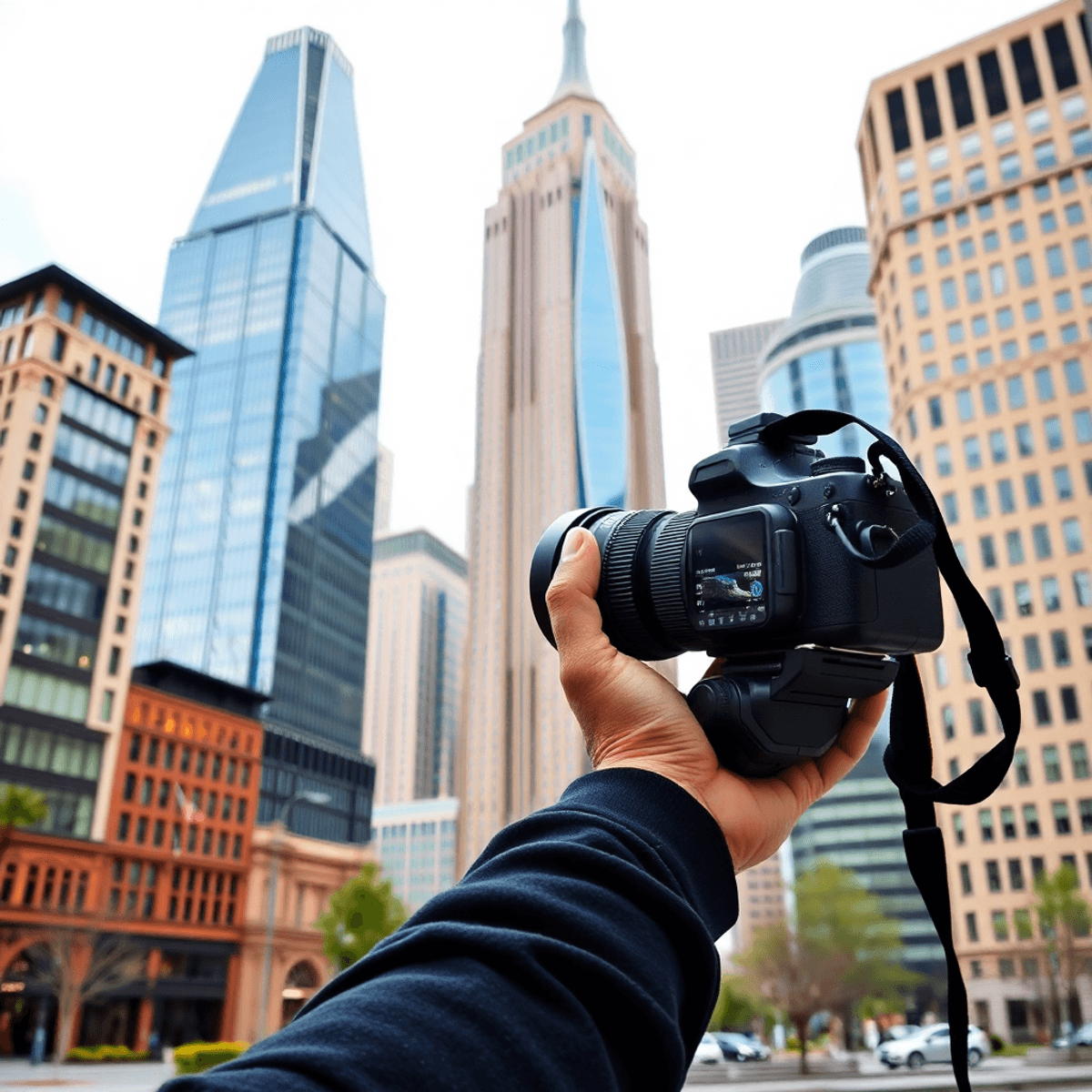 architectural photographer job 5 Secrets of Success A photographer capturing diverse architectural styles in a modern cityscape, focusing on intricate details and creative angles with a camera.