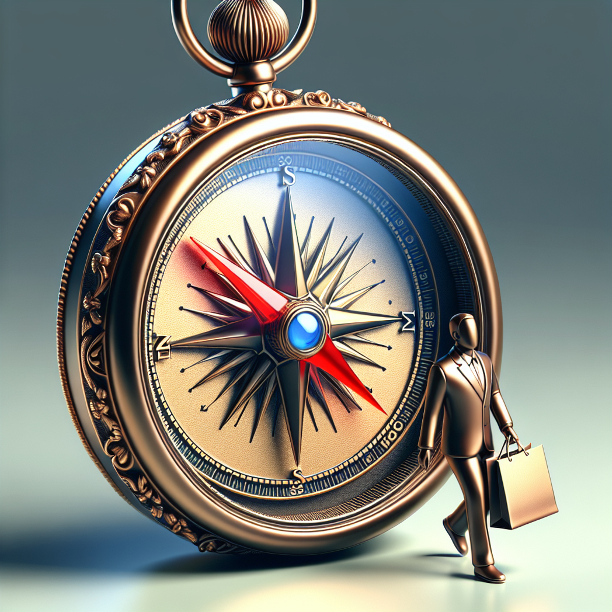 A compass needle pointing towards a customer holding a shopping bag.