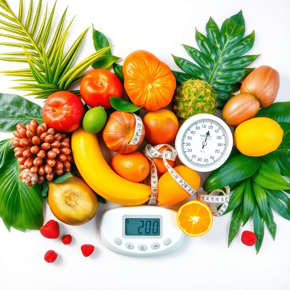 A colorful arrangement of tropical fruits and plants on a light background, featuring a measuring tape and scale, symbolizing health and natural weight loss.