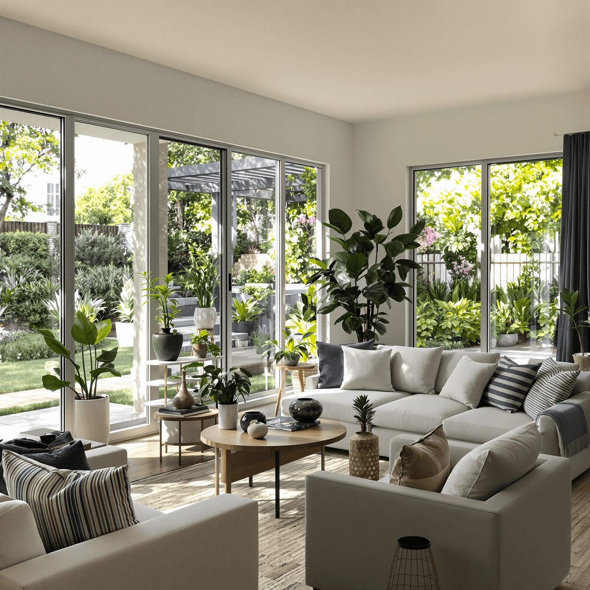 Modern living room with stylish furniture, lush indoor plants, and large windows showcasing a landscaped garden outside.