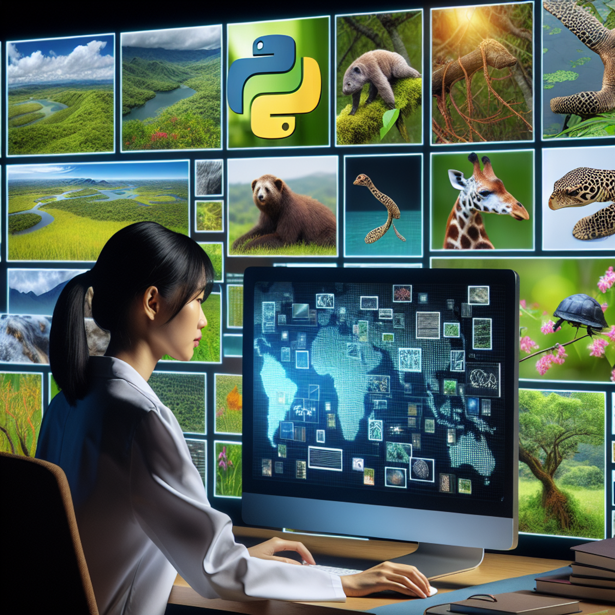 An Asian female scientist working on a computer with Python-themed graphics and surrounded by images of lush landscapes, animals, and plants.