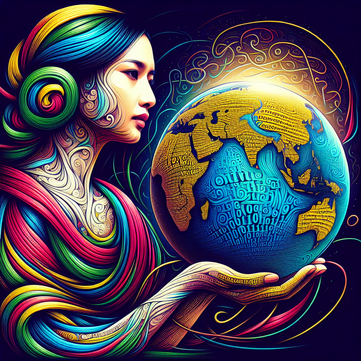 A South Asian woman holding a globe with swirling lines representing Python code.