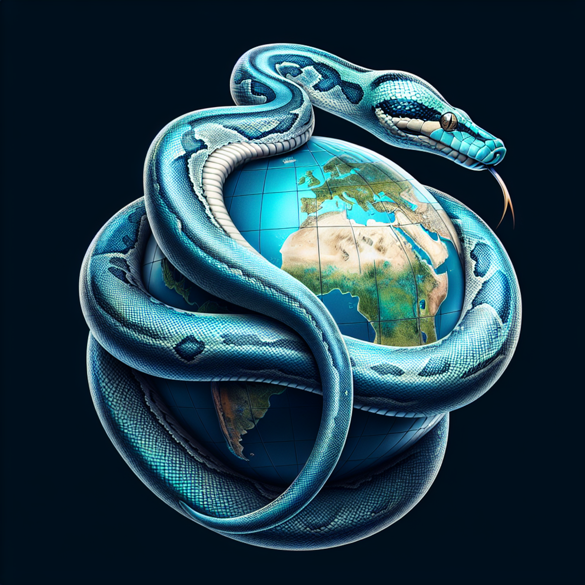 A large python snake gracefully coiled around a detailed globe.