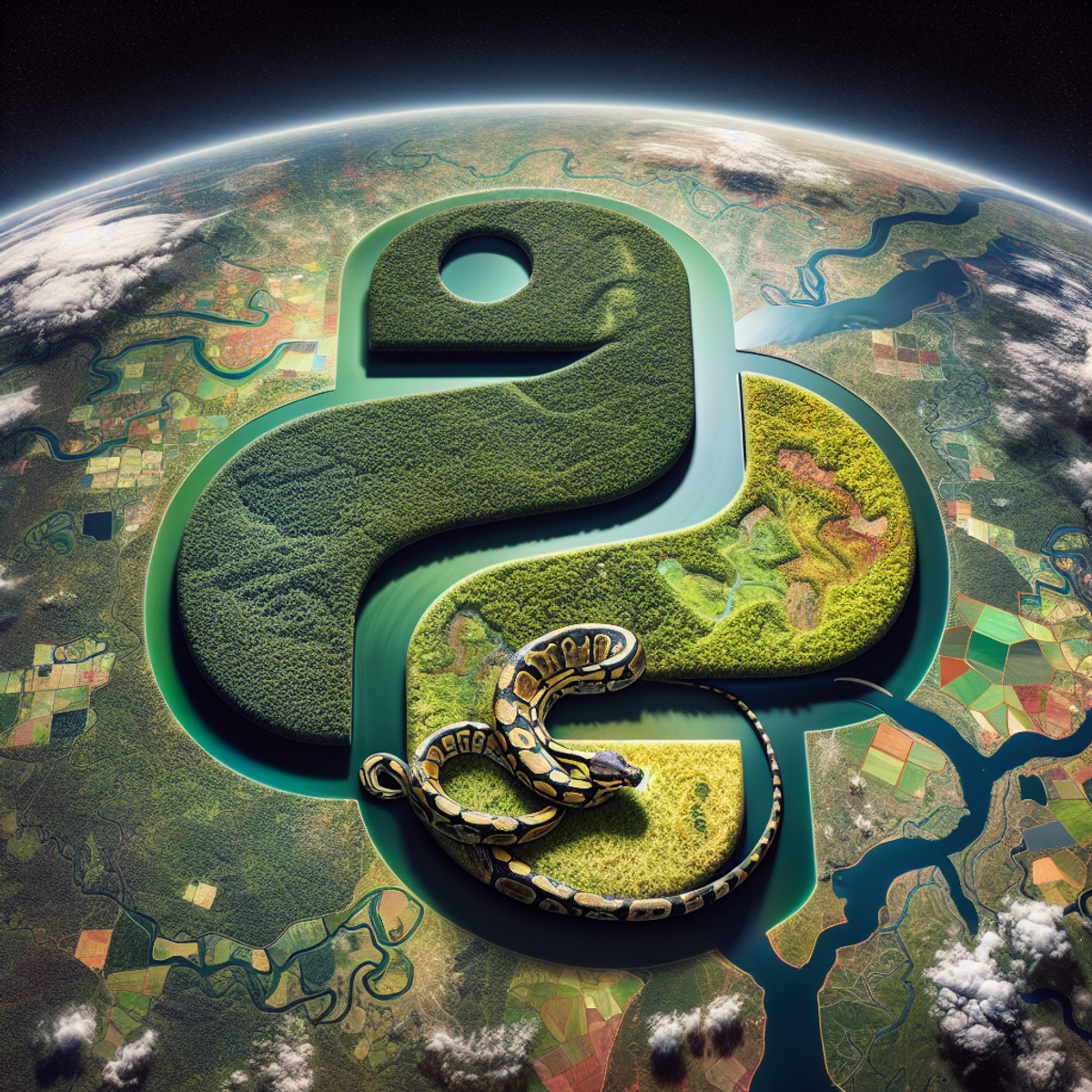 Python snake intertwined with satellite images of forests and rivers.