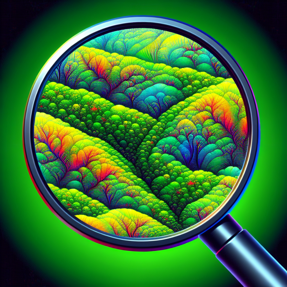 A magnifying glass focusing on vibrant, detailed landscape.