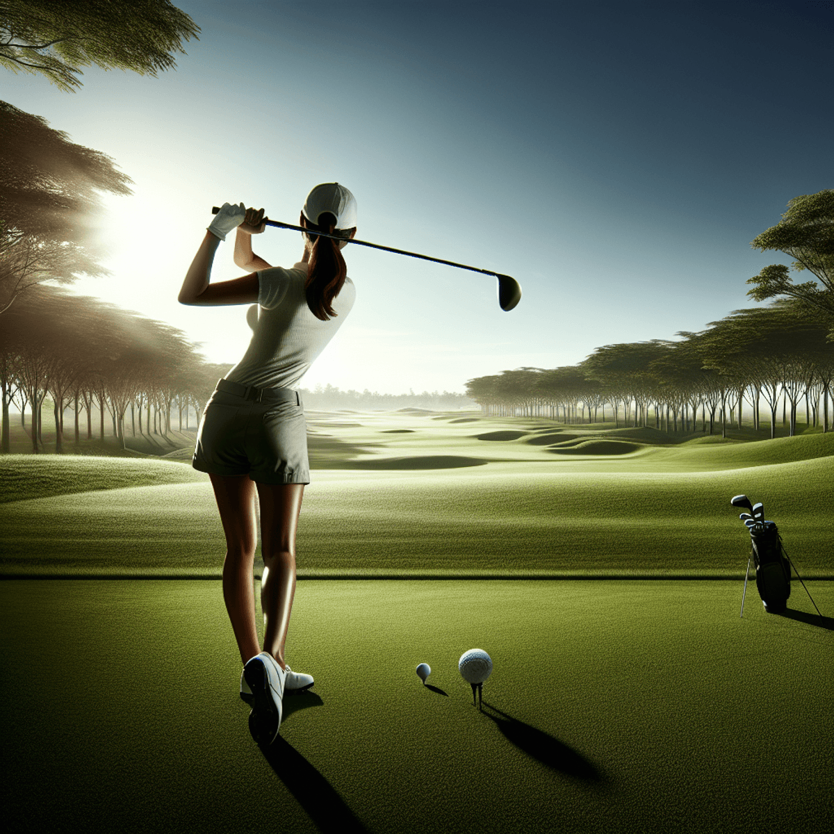 Une image hautement réaliste d'une golfeuse asiatique en train d'effectuer un swing de l'extérieur vers l'intérieur sur un luxuriant parcours de golf vert. La golfeuse est en plein mouvement, avec le club tranchant l'air et la balle de golf capturée en plein vol, mettant en valeur sa trajectoire. L'arrière-plan présente un ciel bleu clair avec les silhouettes lointaines des arbres le long de l'horizon, soulignant la beauté sereine de l'environnement de golf.