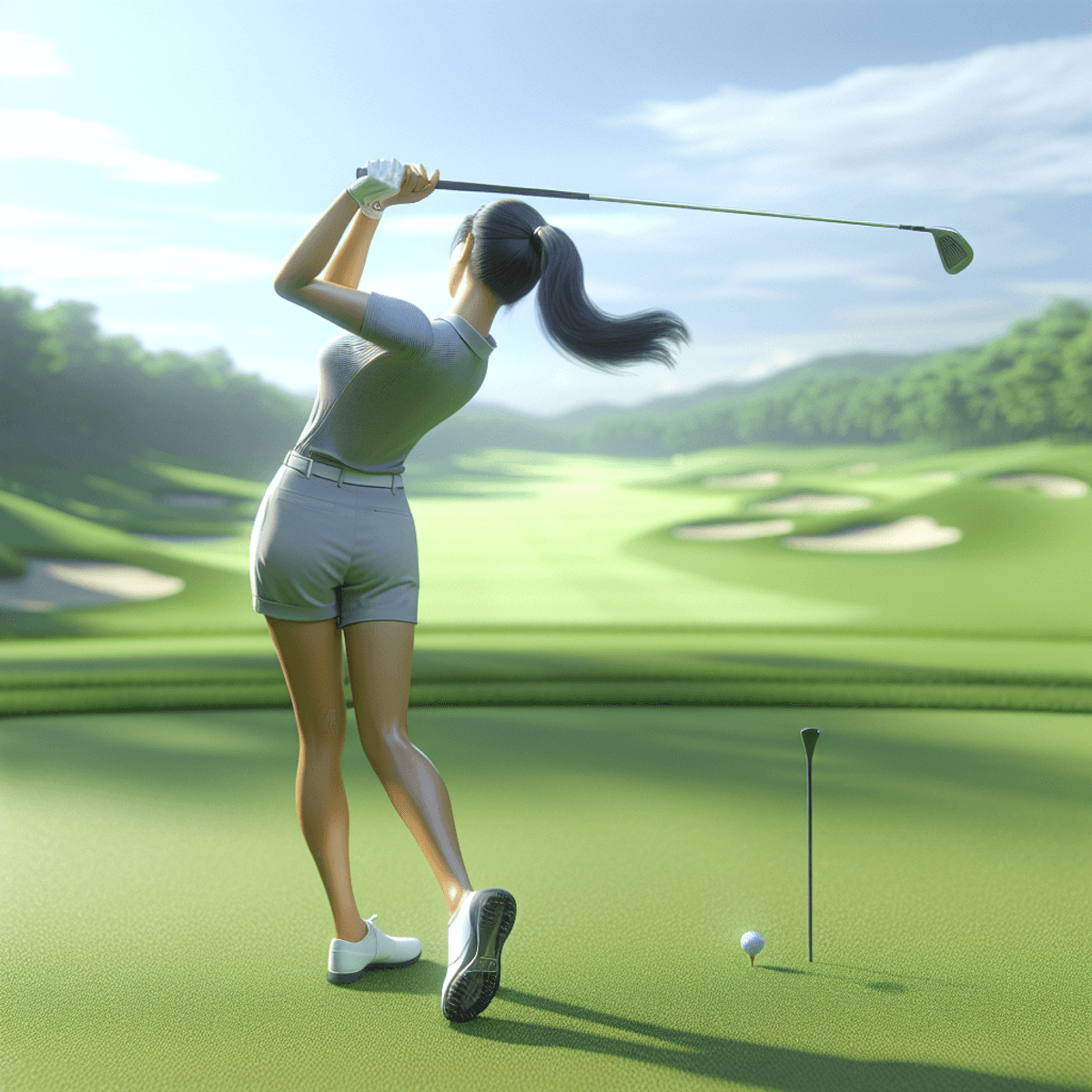 A focused Asian female golfer in mid-backswing on a vibrant green golf course, showcasing perfect form and technique with attention to body posture and movement, surrounded by lush grass and trees, rendered in hyper-realistic detail.