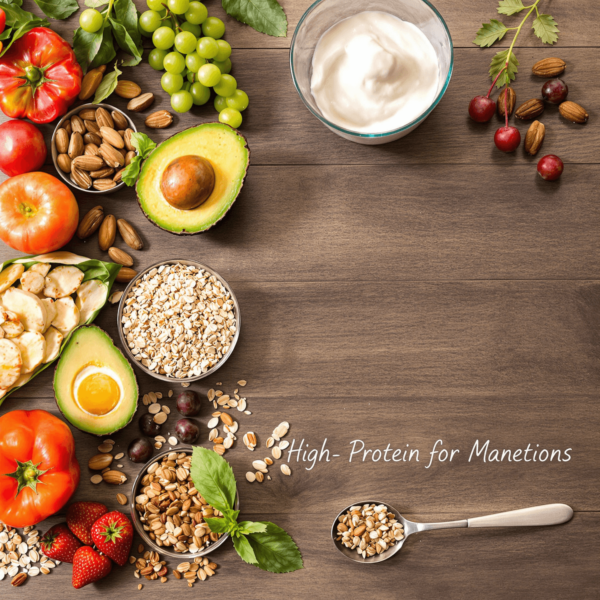 A colorful breakfast spread with eggs, Greek yogurt, avocado, nuts, seeds, whole grains, and fresh fruits and vegetables on a wooden table.