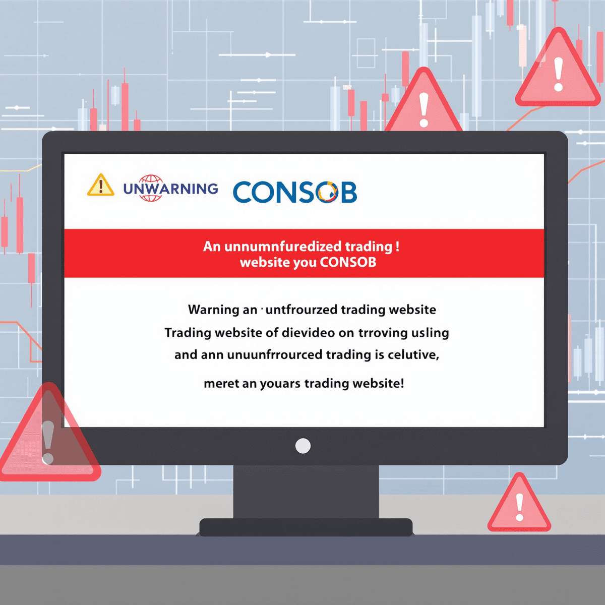 Computer screen showing a warning alert about unauthorized trading, featuring the CONSOB logo with financial charts and red caution symbols in the background.