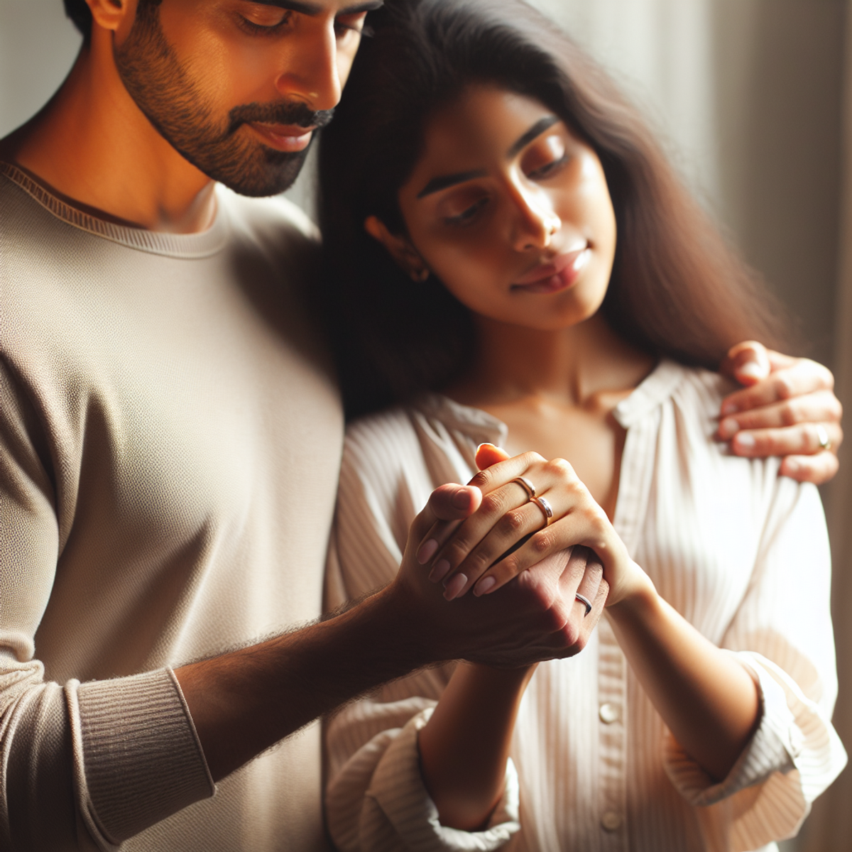A South Asian man and a Hispanic woman holding hands with wedding rings.