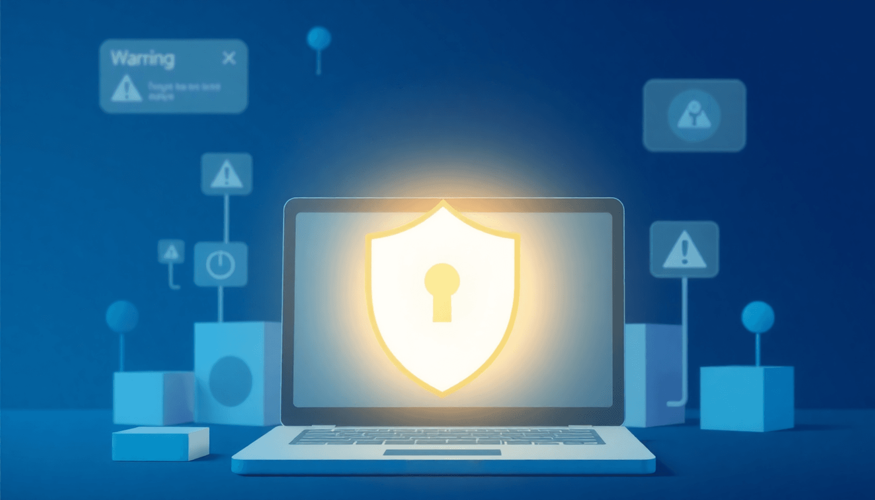 Un bouclier numérique lumineux sur une interface de site web stylisée avec des blocs abstraits et des signes d'avertissement dégradés, dans des tons de bleu et de vert, symbolisant la cybersécurité et la protection.