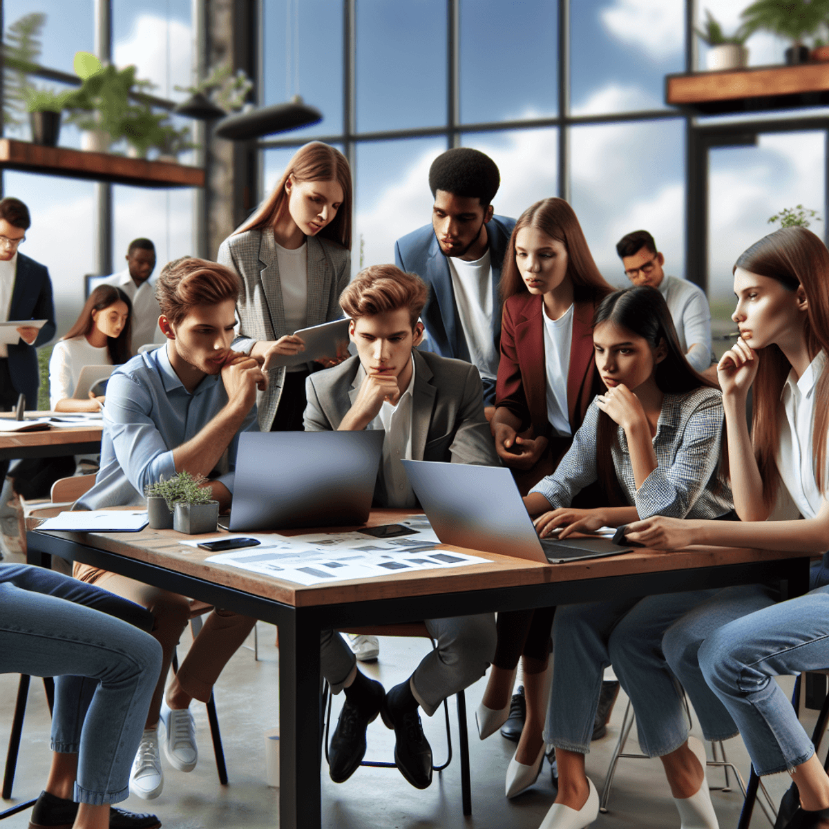 A diverse group of youthful professionals, including Caucasian, Hispanic, and Asian individuals, engaged in collaborative discussions around laptops and paperwork in a modern office. The lively workspace features indoor plants and vibrant artwork, creating an energetic and inspiring atmosphere that highlights themes of paid internships and career development.