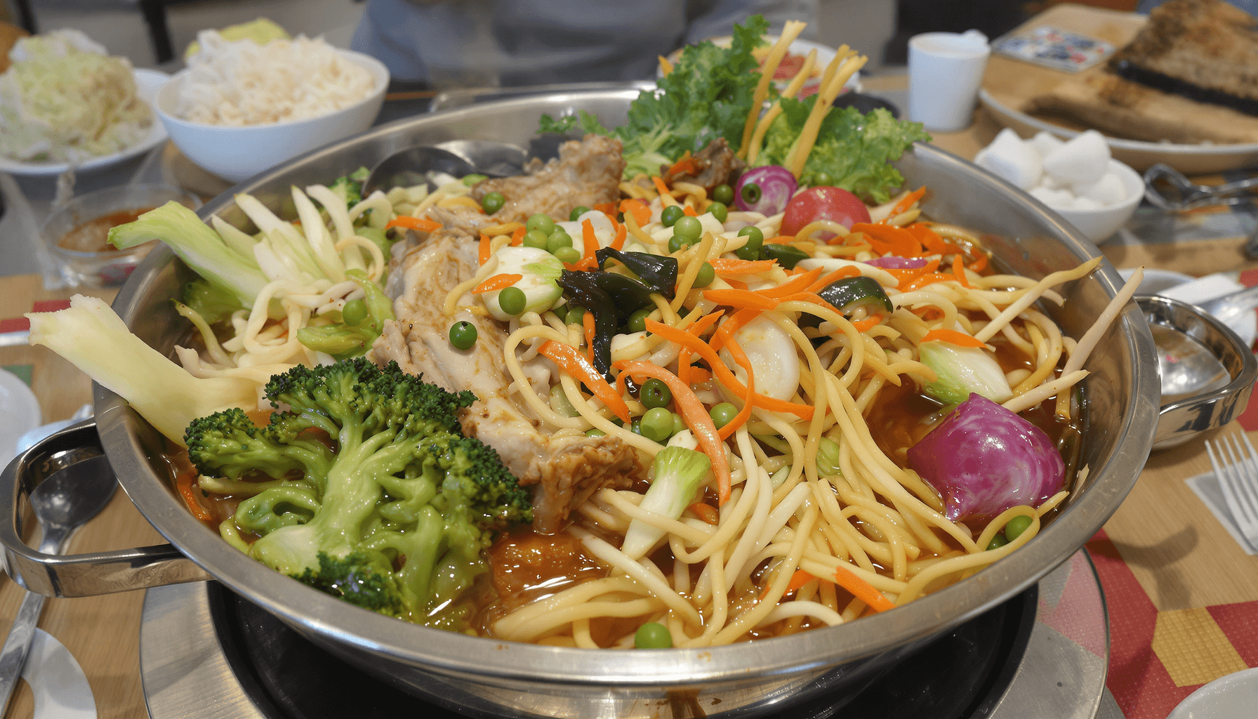 YGF Malatang – Customizable Malatang Bowls in Daly City 2025 2 A vibrant bowl of Chinese malatang hot pot with fresh vegetables, meats, and noodles in a modern casual restaurant setting.