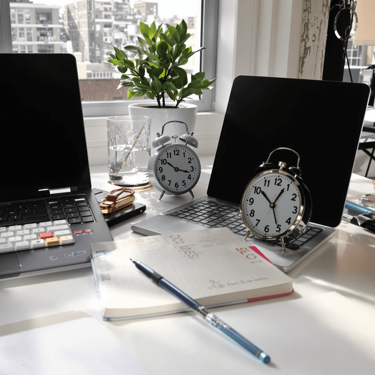 Bright workspace featuring a laptop, notebook, and clock illuminated by soft natural light, representing productivity and the triumph over procrastination.