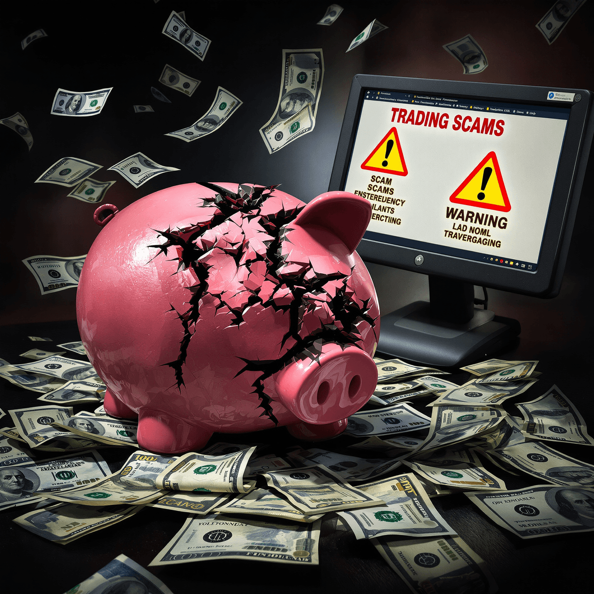 A broken piggy bank with scattered dollar bills and a computer screen showing scam warning signs, highlighting the risks of trading scams and financial fraud.