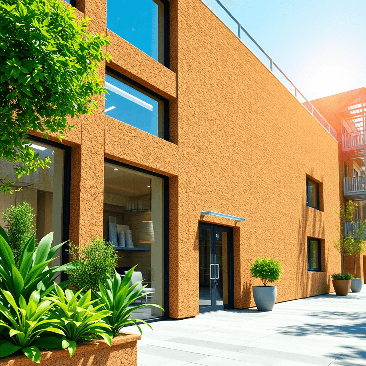 A modern building facade with cork spray, surrounded by green plants and trees, highlighting eco-friendly features and innovation in construction under bright lighting.