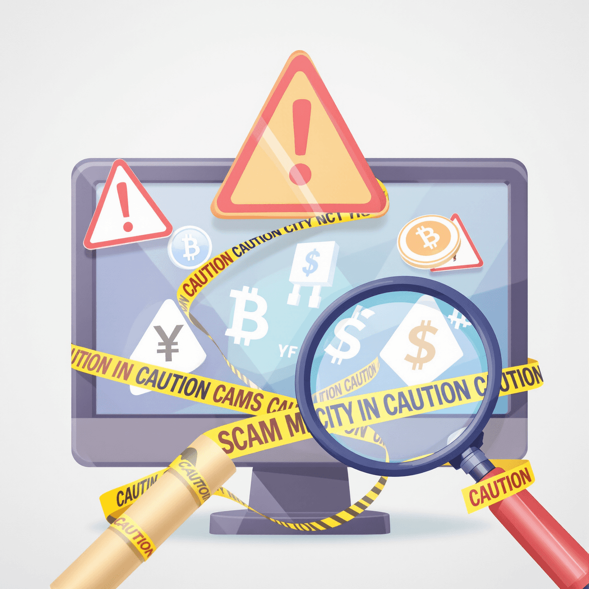 A magnifying glass on a computer screen showing cryptocurrency symbols, surrounded by red warning signs and caution tape, indicating an investigation into scams.
