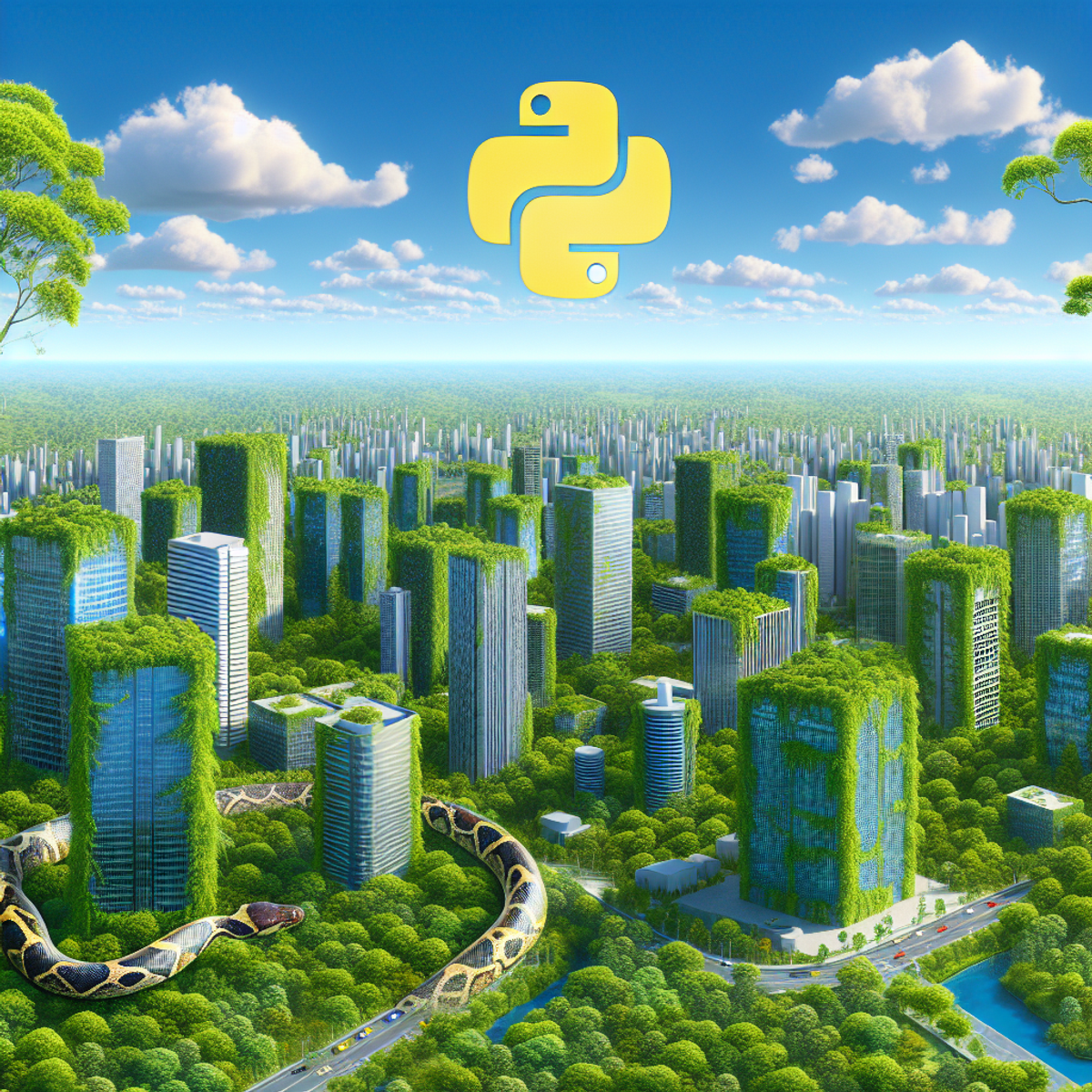 A cityscape with lush green trees and modern buildings, featuring a snake symbolizing the use of Python programming language in urban tree canopy analysis.