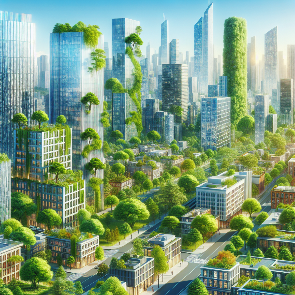 A city skyline with modern skyscrapers and abundant green trees, showcasing the harmonious coexistence of nature and urban development.