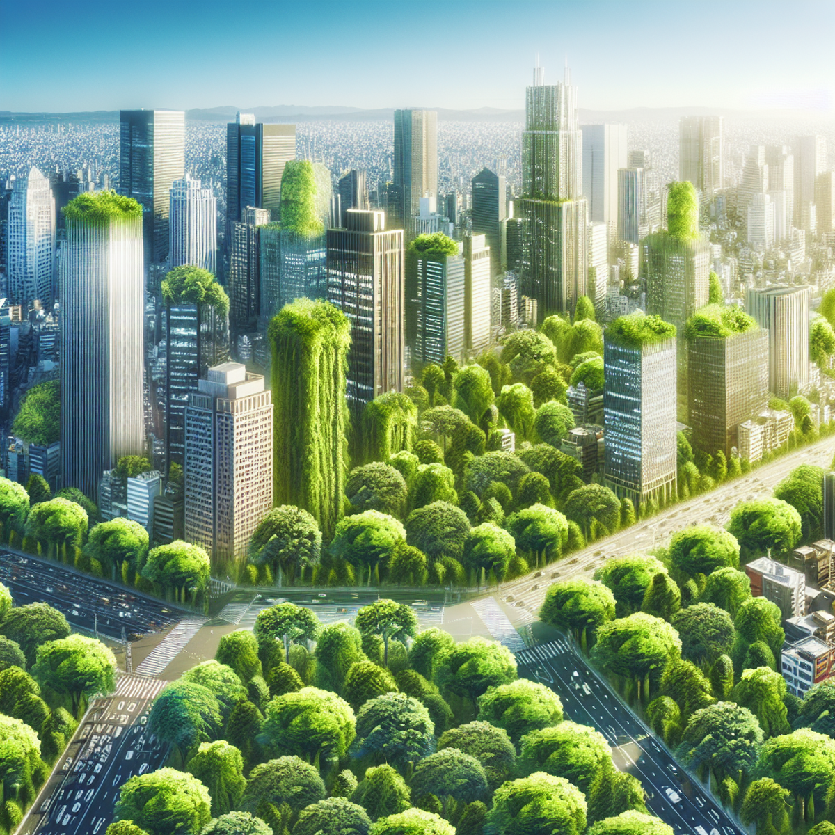 Aerial view of a bustling city with tall buildings and lush green trees.