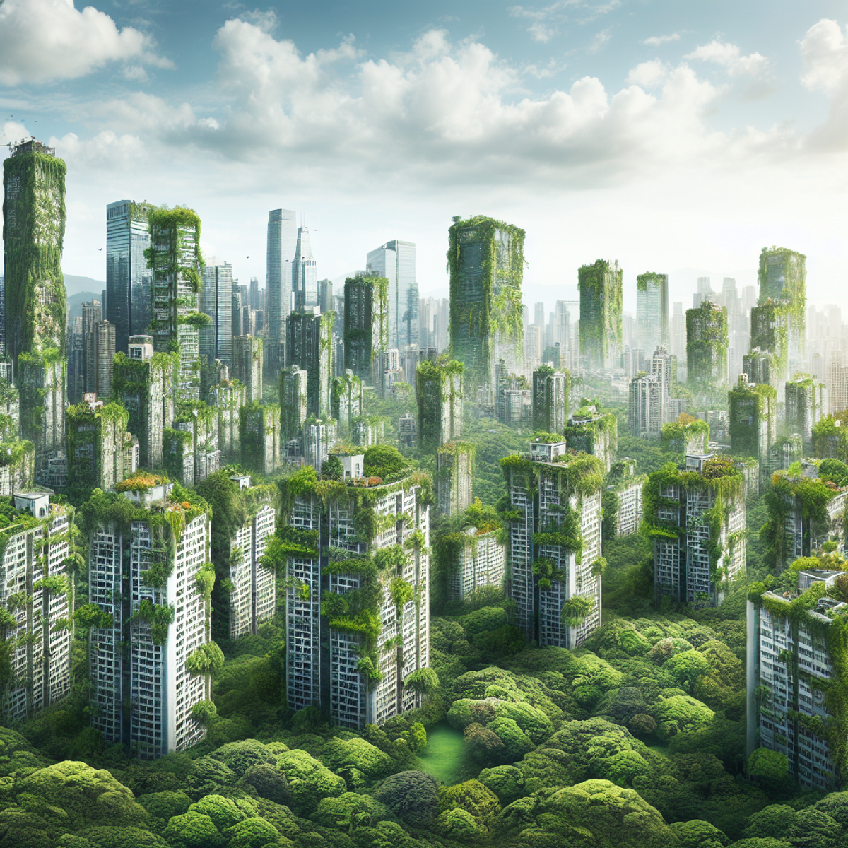 An urban skyline with high-rise buildings covered in lush greenery, seamlessly integrating nature and architecture.