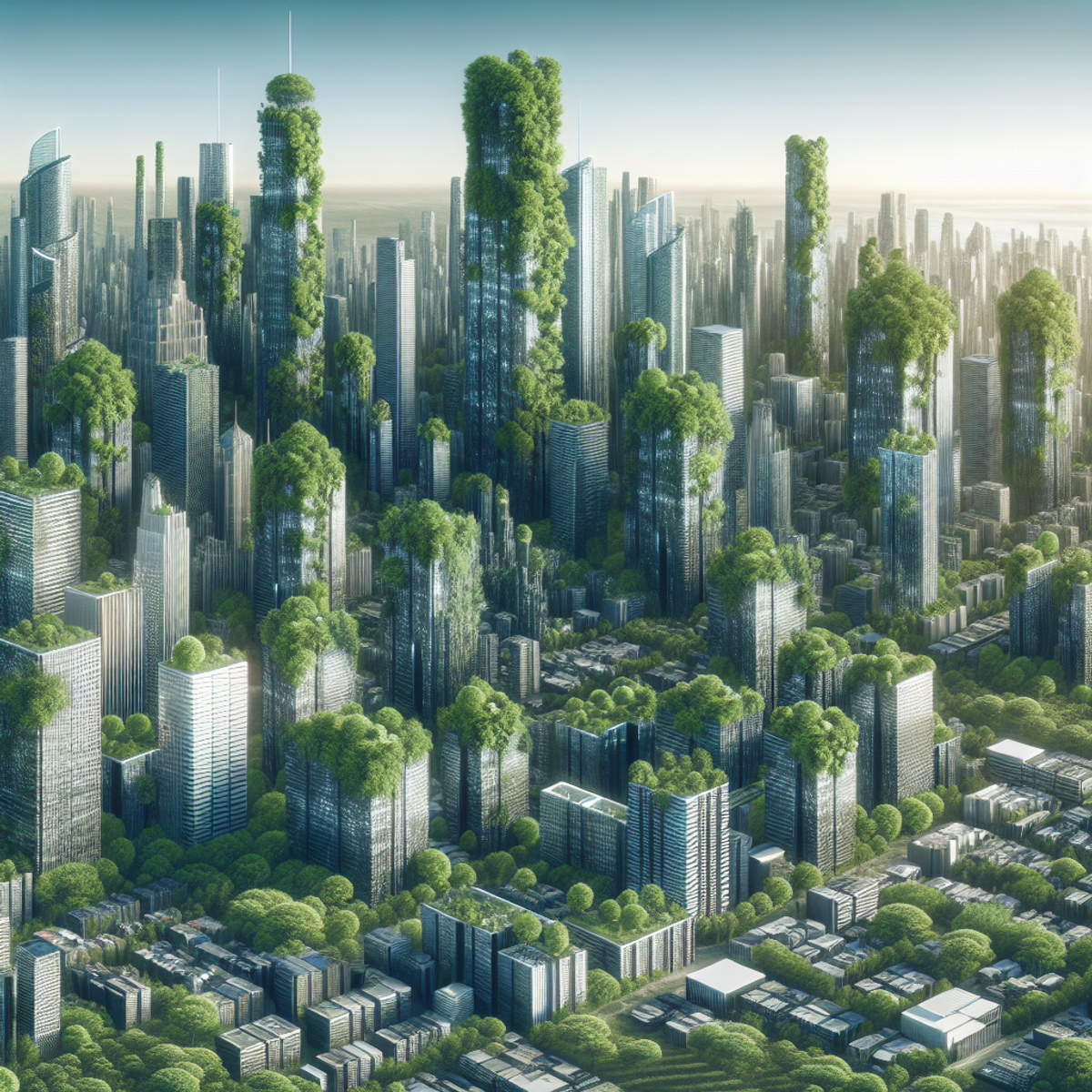 A city skyline with towering skyscrapers interspersed with lush green trees, symbolizing a harmonious blend of nature and urban development.