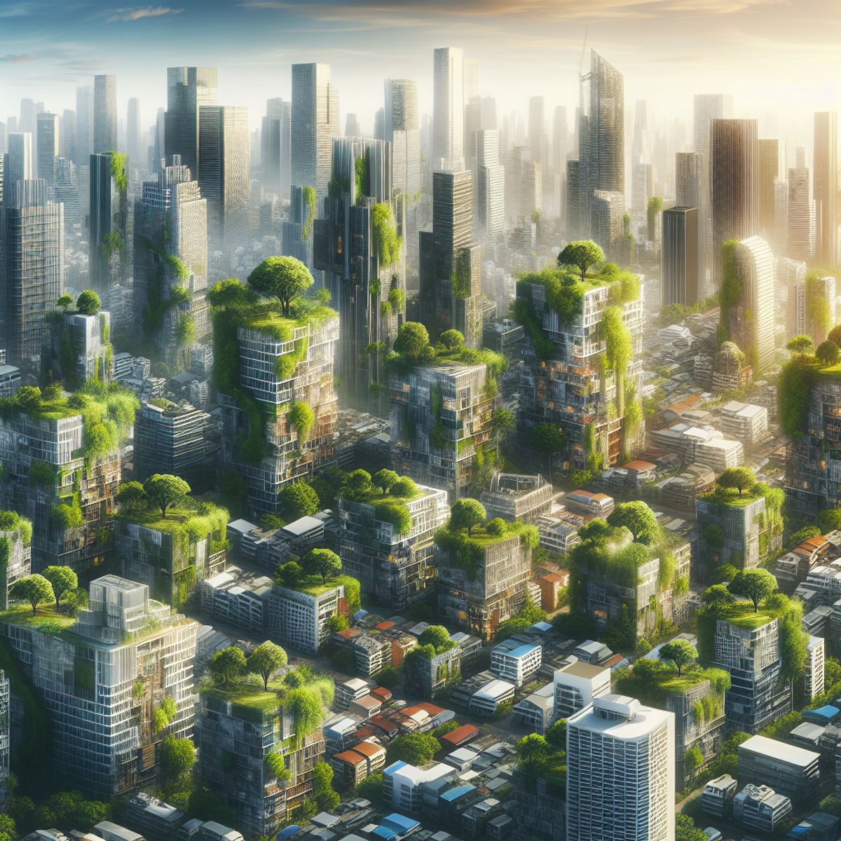 Aerial cityscape with diverse architectural structures and pockets of greenery.