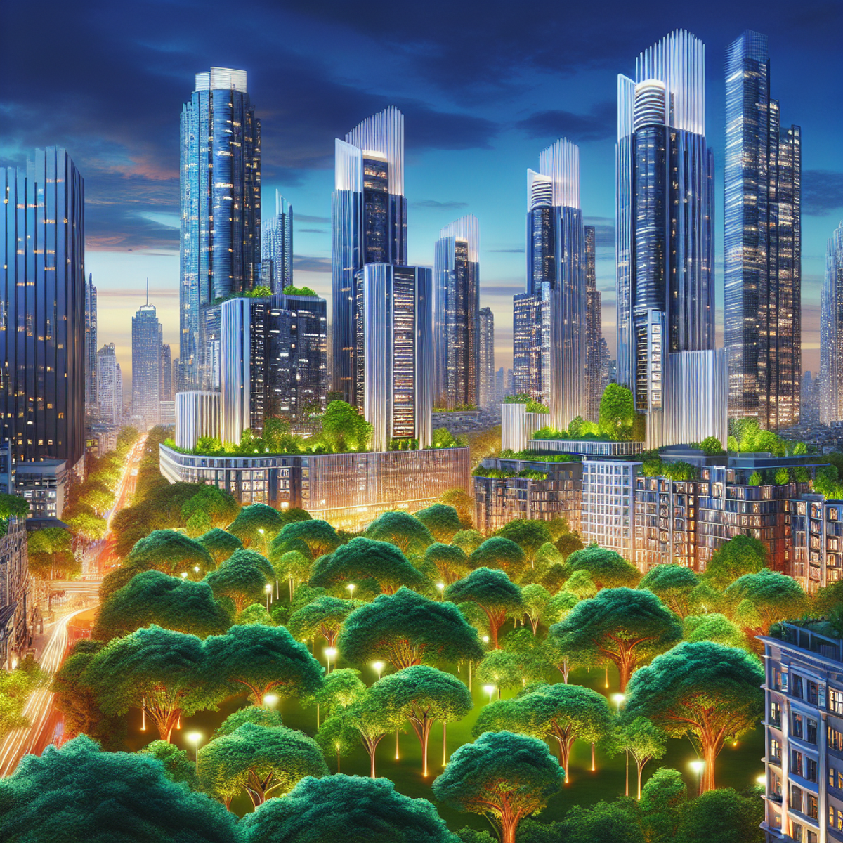 A bustling city skyline with modern buildings and lush green trees harmoniously coexisting.