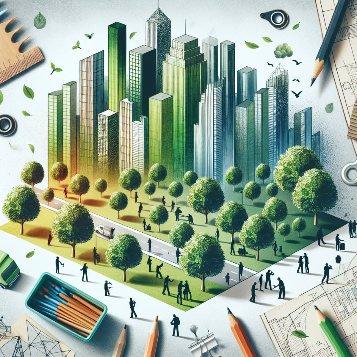 A group of people in an urban cityscape surrounded by lush trees, measuring tree dimensions, counting leaves, and using bins filled with paper and pencils to collect data on the trees.