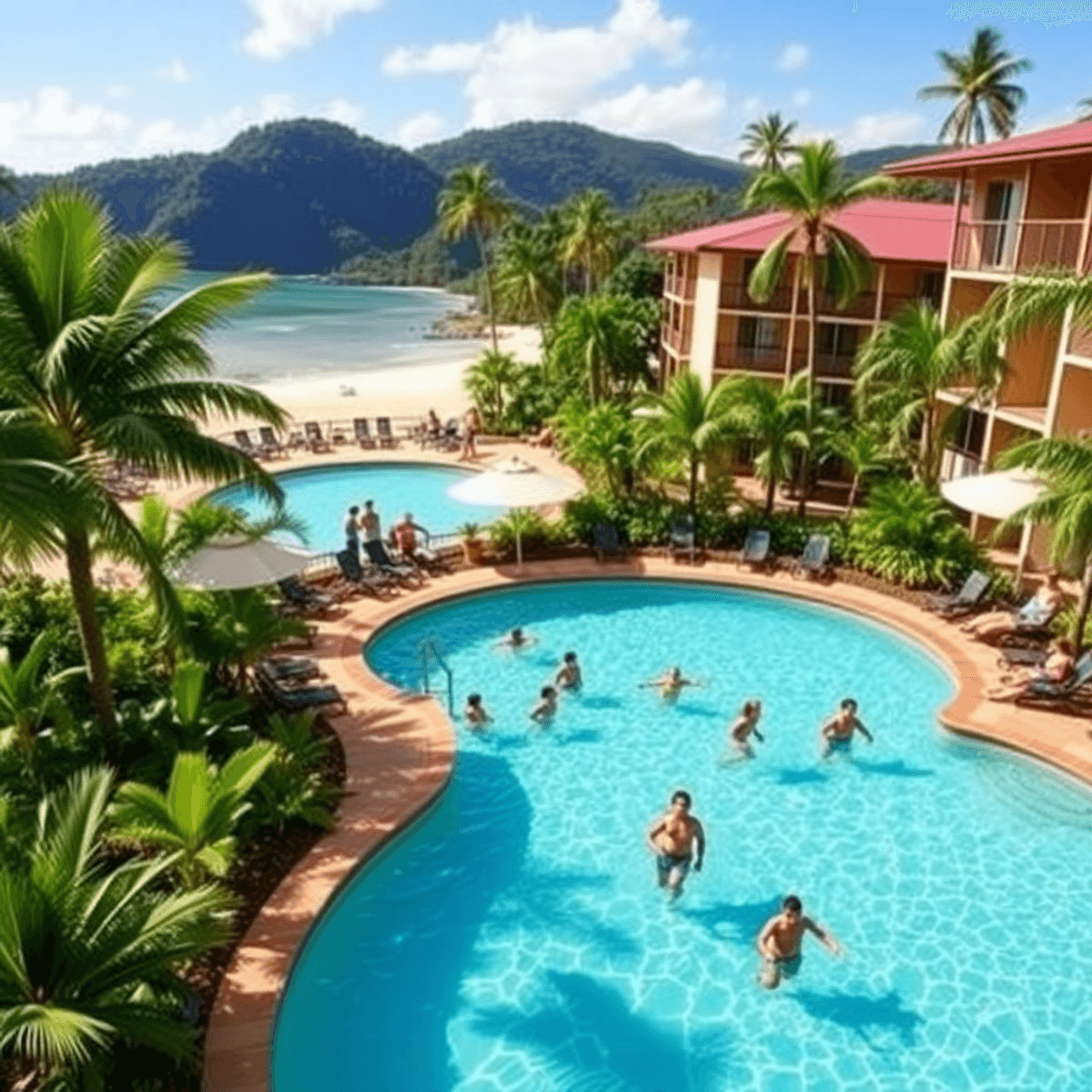 A vibrant family-friendly resort in Port Douglas, showcasing a spacious pool where children play and adults relax, surrounded by lush tropical landscaping and hints of beach and rainforest.