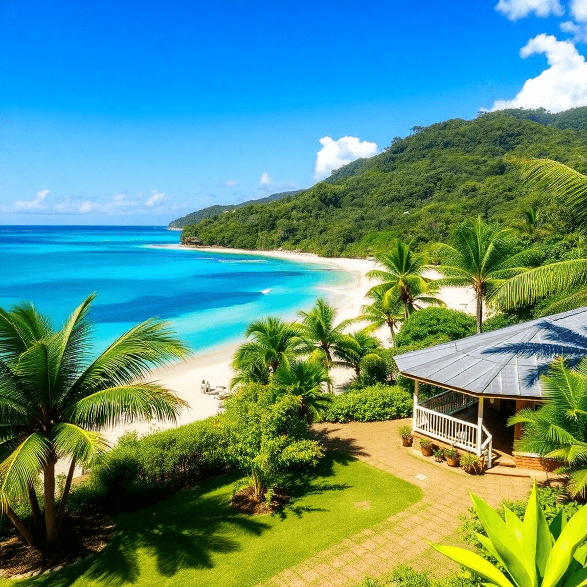 A stunning coastal scene of Port Douglas with clear blue waters, lush greenery, and a cozy bungalow, evoking relaxation and adventure for budget travelers.