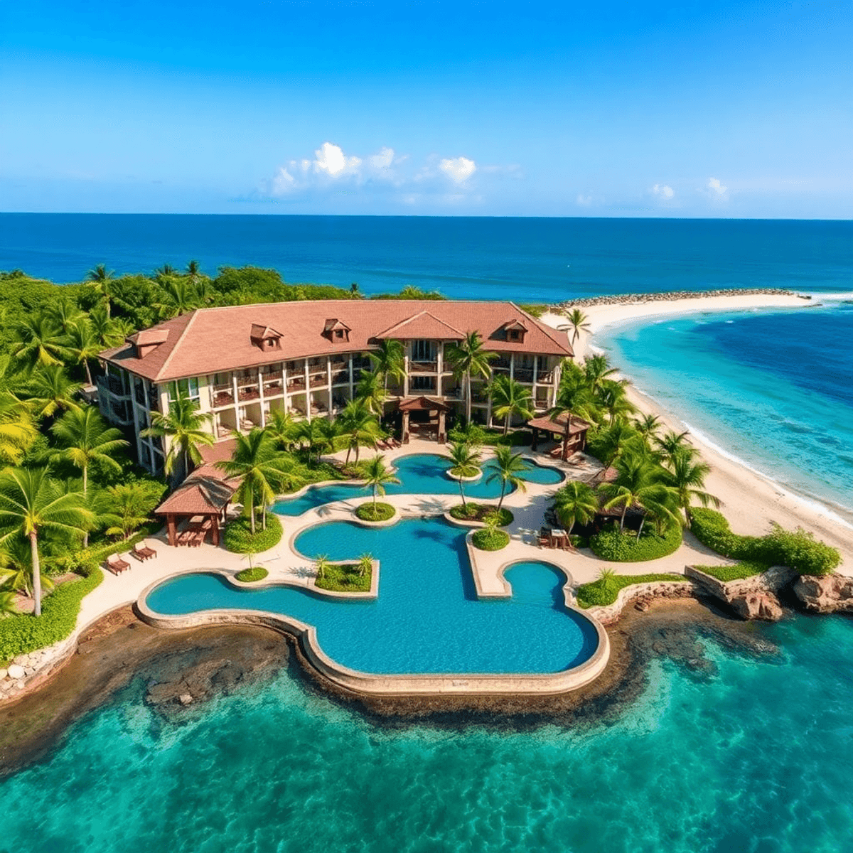 A breathtaking beachfront view of a luxury resort with lush tropical gardens, sparkling lagoon pools, and private swim-out balconies, exuding exclusivity and tranquility.