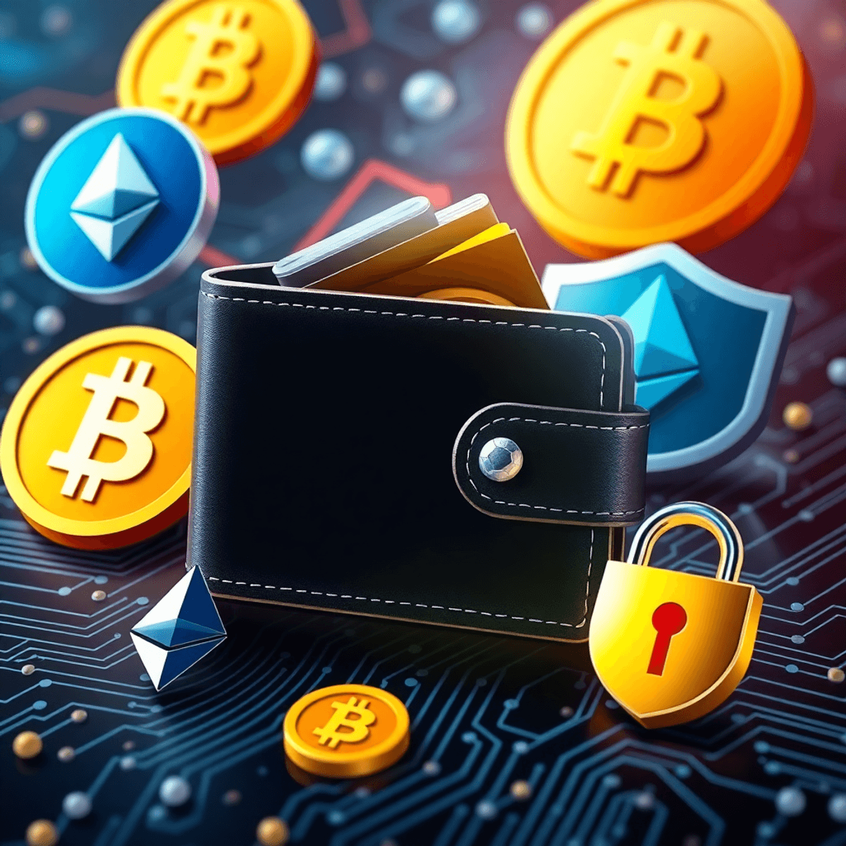 A realistic digital wallet surrounded by cryptocurrency symbols like Bitcoin and Ethereum, along with a padlock and shield, set against a tech-inspired finance background.