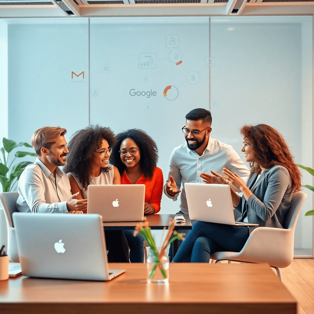 A group of digital PR professionals collaborating in a modern office, surrounded by laptops and charts, showcasing teamwork and energy in their brainstorming session.