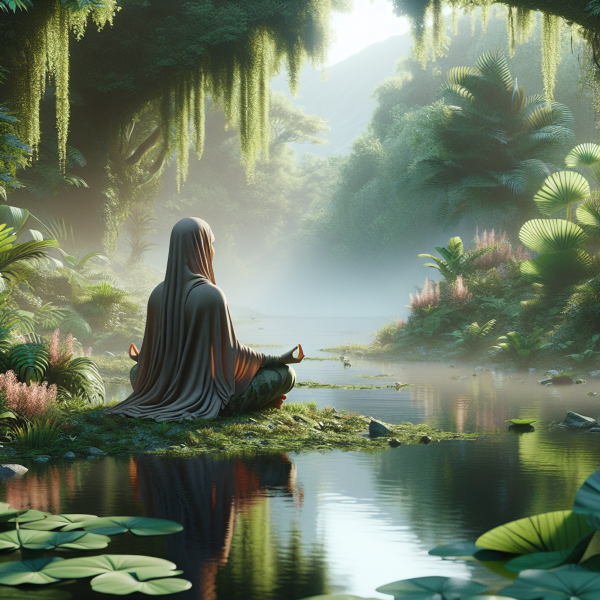 A woman of Middle-Eastern descent meditates in a serene natural environment, surrounded by lush greenery and calm waters.