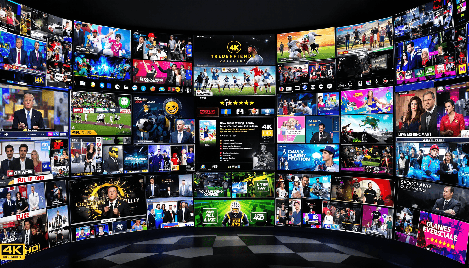Nigma Streamz IPTV – Reliable Streaming with HD Channels 2025 1 A vibrant digital collage of TV screens showing news, sports, movies, streaming icons, 4K and HD symbols, highlighting modern design and global connectivity.