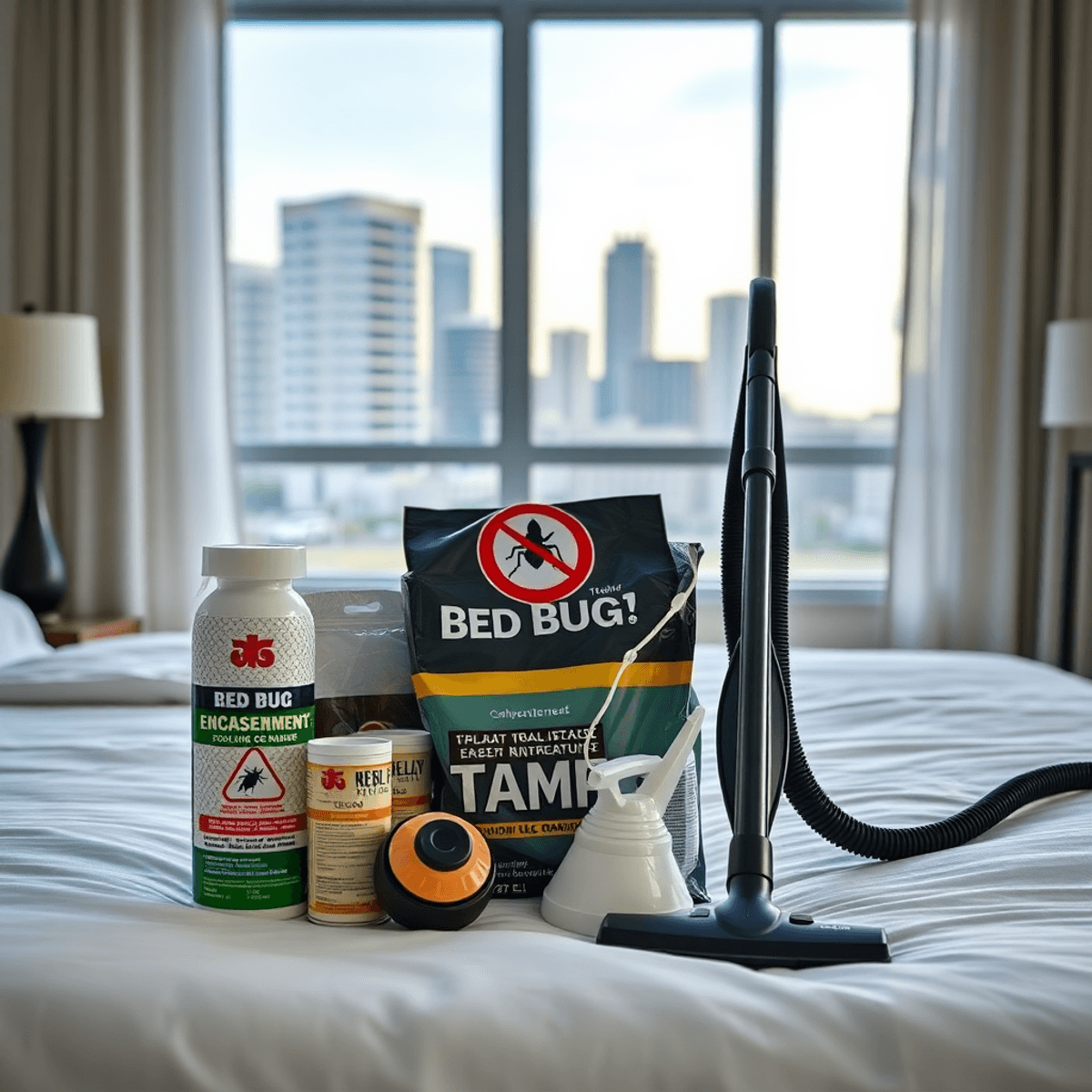 Close-up of a bed bug prevention toolkit including insect repellent spray, bed encasements, and a vacuum cleaner in a modern bedroom with a Tampa skyline view.